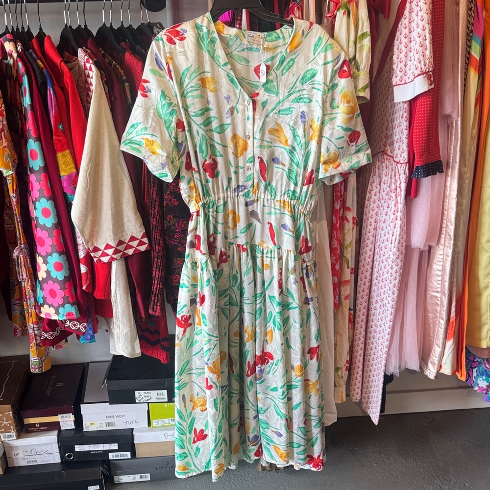 Vintage Floral Print Short Sleeve Drop Waist Midi Dress - White/Multicolor